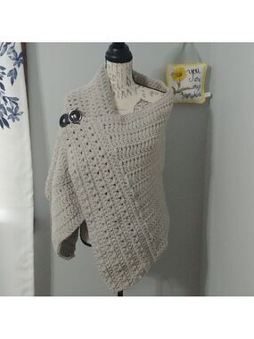 Handmade Crocheted Heavyweight Left Handed Light Grey Shawl/Poncho